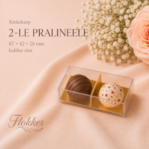 Läbipaistev kinkekarp kahele pralineele kuldse sisuga 87 × 42 × 26 mm