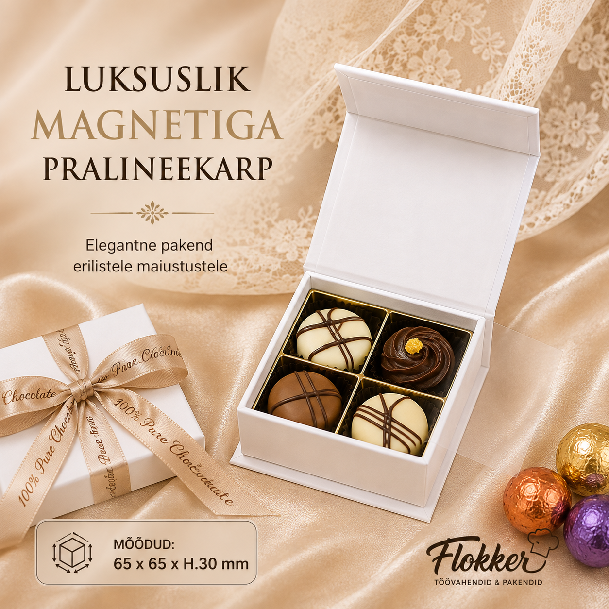 Väike valge magnetiga kommikarp neljale pralineele 65 × 65 × 30 mm
