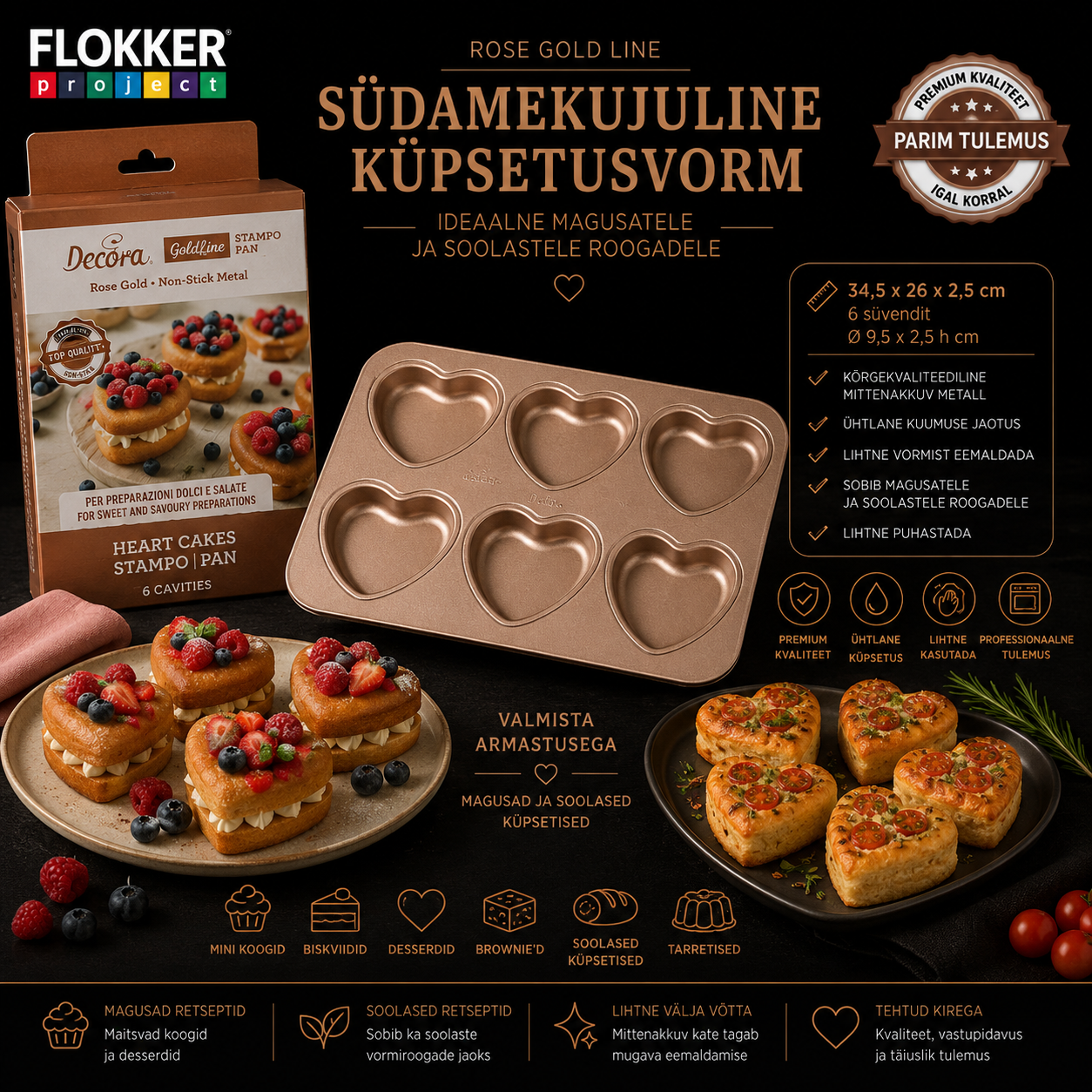 ROSE GOLD küpsetusvorm SÜDA Ø9.5 H.2.5cm / Ø34x26 H. 2.5 cm