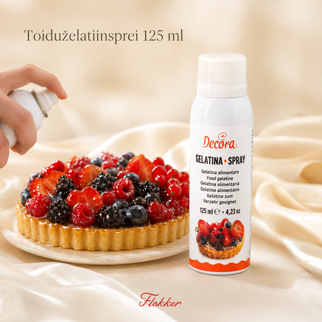Decora läbipaistev toiduželatiinsprei 125 ml tortide ja puuviljade glasuurimiseks