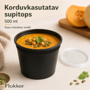 Must korduvkasutatav PP-supitops 500 ml kõrvitsasupiga ja eraldi läbipaistva kaanega