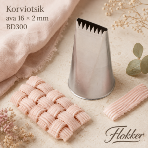 Martellato korviotsik BD300 avaga 16 × 2 mm ning sellega pritsitud korvipunutis ja sooniline kreemiriba.