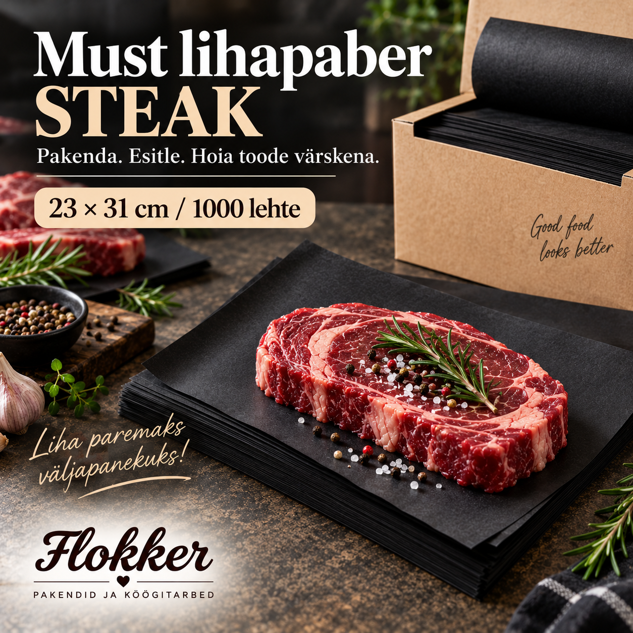 Must Steak-lihapaber 23 × 31 cm värske liha pakendamiseks ja esitlemiseks