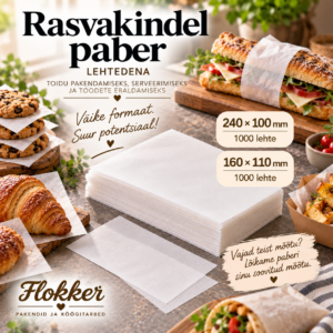 Rasvakindel paber lehtedena 160 × 110 mm toidu pakendamiseks ja serveerimiseks