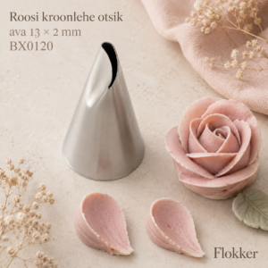 Martellato roosi kroonlehe otsik BX0120 ava 13 × 2 mm ning sellega pritsitud roos ja üksikud kreemikroonlehed