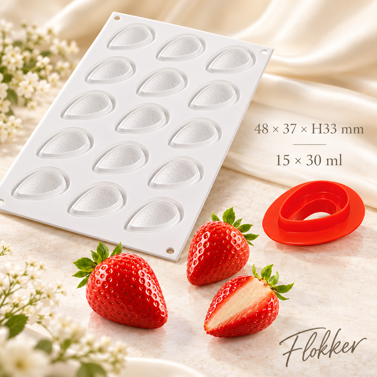 Valge silikoonvorm MAASIKAS FRAGOLA 30 15 pesaga, punane lõikur ja realistlikud maasikadesserdid, 48 × 37 × H33 mm