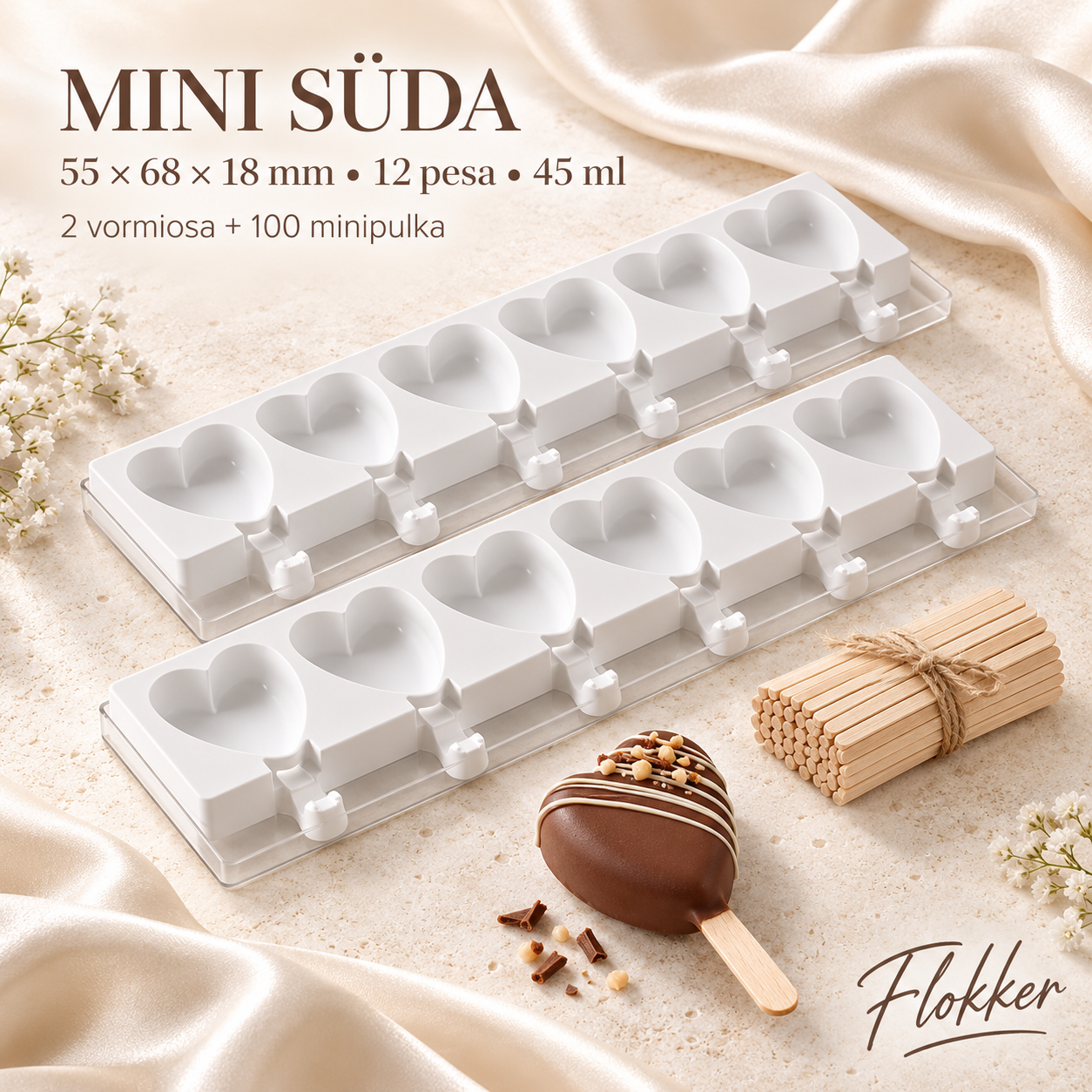 MINI SÜDA silikoonvorm pulgakookidele, kaks 6-pesalist vormi ja 100 minipulka