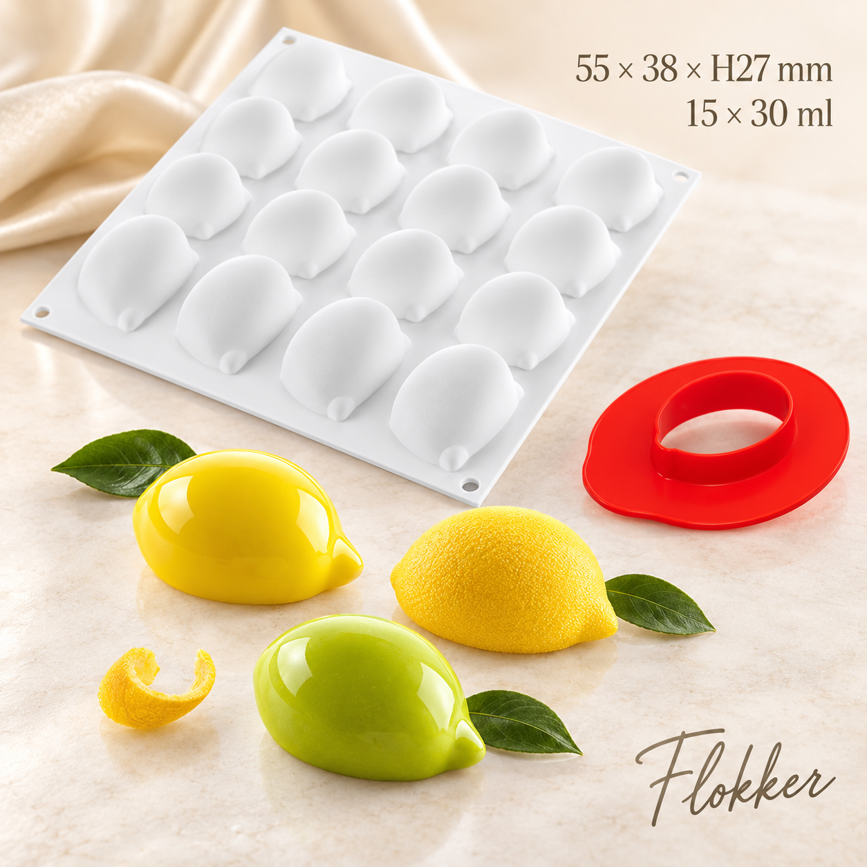 Valge silikoonvorm SIDRUN JA LAIM LIMONE 30 15 pesaga, punane lõikur ning sidruni- ja laimidesserdid, 55 × 38 × H27 mm