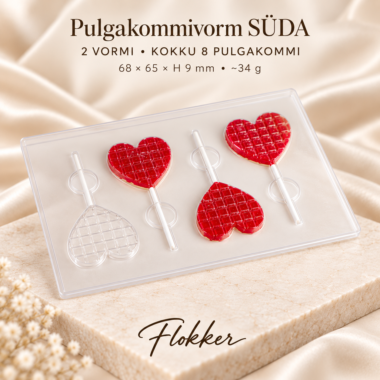 Südamekujuline šokolaadist pulgakommivorm 68 × 65 × H 9 mm, komplektis 2 vormi