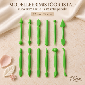 Kaksteist rohelist kahepoolset suhkrumassi ja martsipani modelleerimistööriista