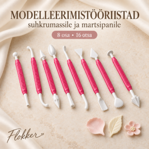 Kaheksa roosa käepidemega kahepoolset suhkrumassi ja martsipani modelleerimistööriista