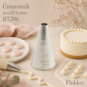 Martellato ümarotsik 6 mm BT206 ning sellega pritsitud siledad kreemitäpid, pärliäär ja jooned