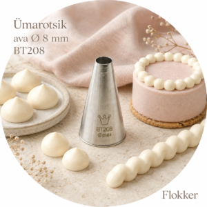 Martellato ümarotsik 8 mm BT208 ning sellega pritsitud siledad kreemitäpid, pärliäär ja kreemiriba.