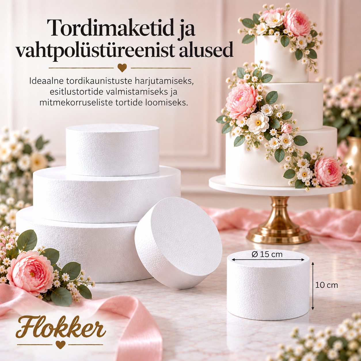 Ümmargune vahtpolüstüreenist tordimakett Ø15 × H10cm tordikaunistuste harjutamiseks