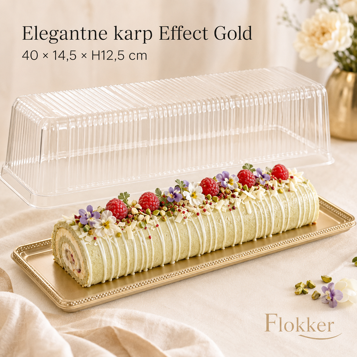 Elegantne Effect Gold karp kuldse aluse, kõrge läbipaistva kaane ja kaunistatud rullbiskviidiga