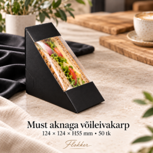 Must aknaga võileivakarp sandwich’iga, mõõdud 124 × 124 × H55 mm, pakendis 50 tk