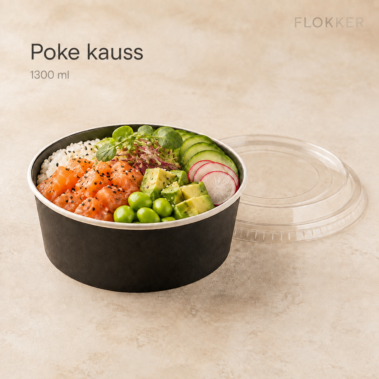 Läbipaistev Poke kausi kaas koos sobiva musta 1300 ml kartongkausiga