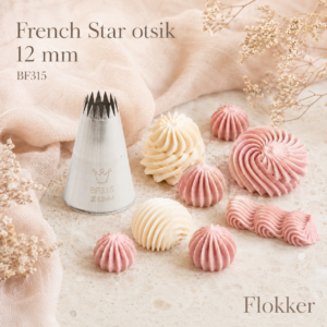 Martellato French Star otsik 12 mm BF315 ja sellega pritsitud reljeefsed rosetid, kreemitupsud ning laineline ääris