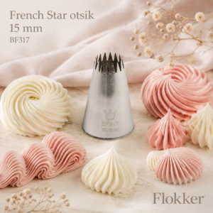 Martellato French Star otsik 15 mm BF317 ja sellega pritsitud suured reljeefsed rosetid, kreemitupsud ning äärised