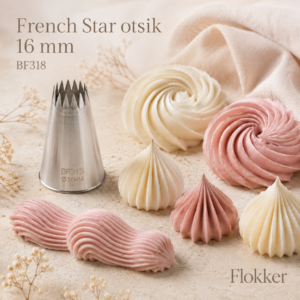 Martellato French Star otsik 16 mm BF318 ja sellega pritsitud suured reljeefsed rosetid ning kreemikaunistused