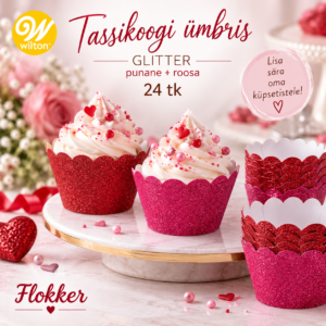 Punane ja roosa glitter tassikoogiümbris muffinite ja tassikookide kaunistamiseks