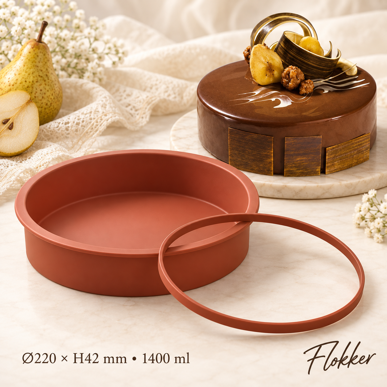Silikoonist tordivorm SFT122 Ø220 × H42 mm koos terrakotavärvi tugirõnga ja šokolaaditordiga