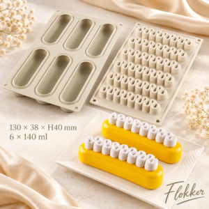 Hall kaheosaline silikoonvormide komplekt POP ECLAIR ja kollased lainelise kaunistusega ekleerid, 6 × 140 ml