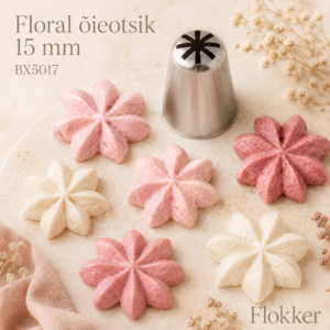 Martellato Floral õieotsik 15 mm BX5017 ja sellega pritsitud kaheksa kroonlehega kreemililled