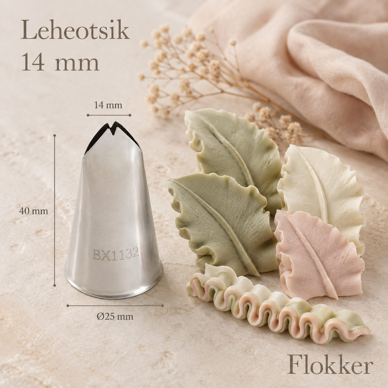 Martellato leheotsik 14 mm BX1132 ja sellega pritsitud voldilised kreemilehed ning laineline ääris