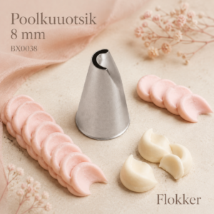 Martellato sile poolkuuotsik 8 mm BX0038 ja sellega pritsitud kattuvad poolkuukujulised kreemikaunistused