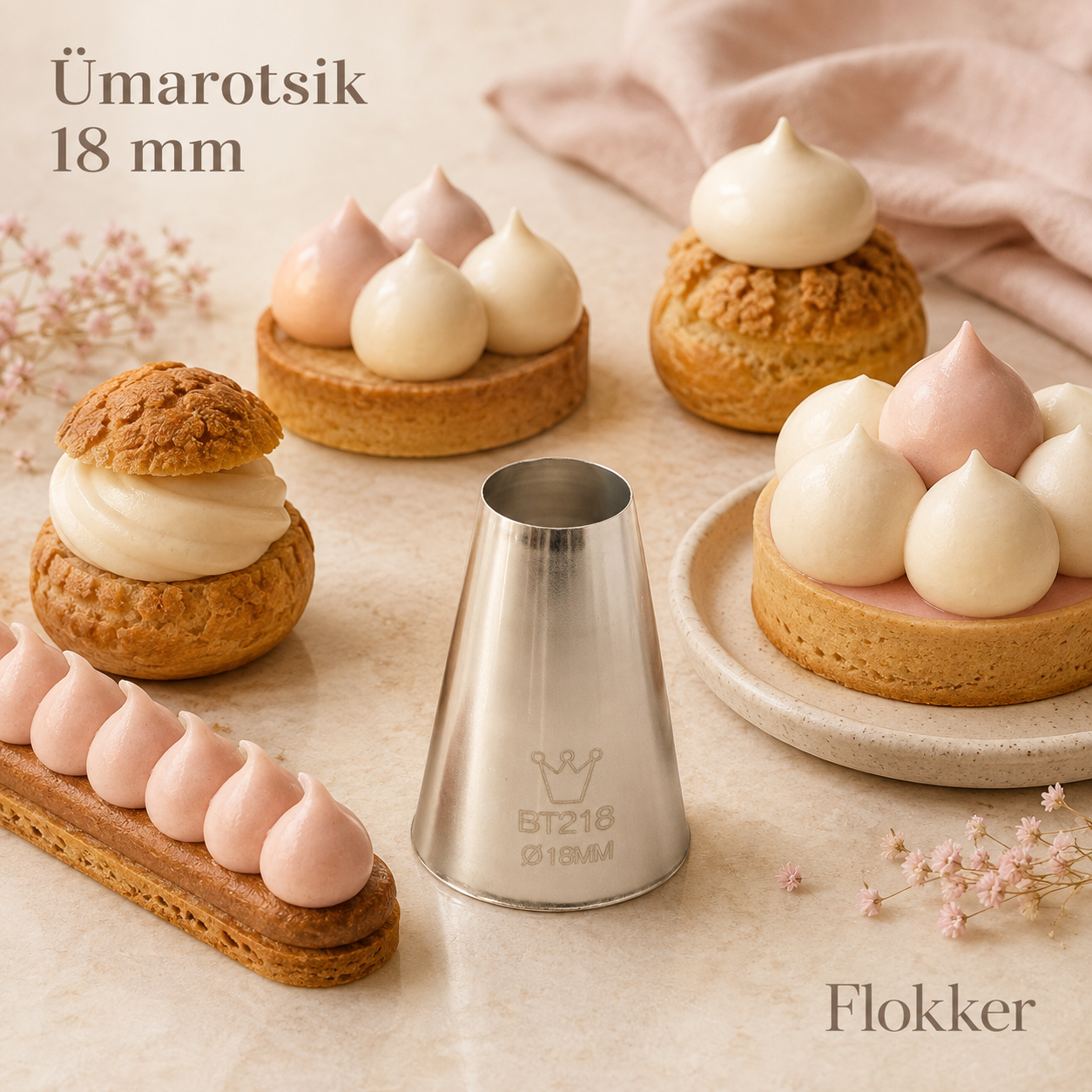 Ümarotsik 18 mm roostevabast terasest ja sellega pritsitud suured siledad kreemitupsud