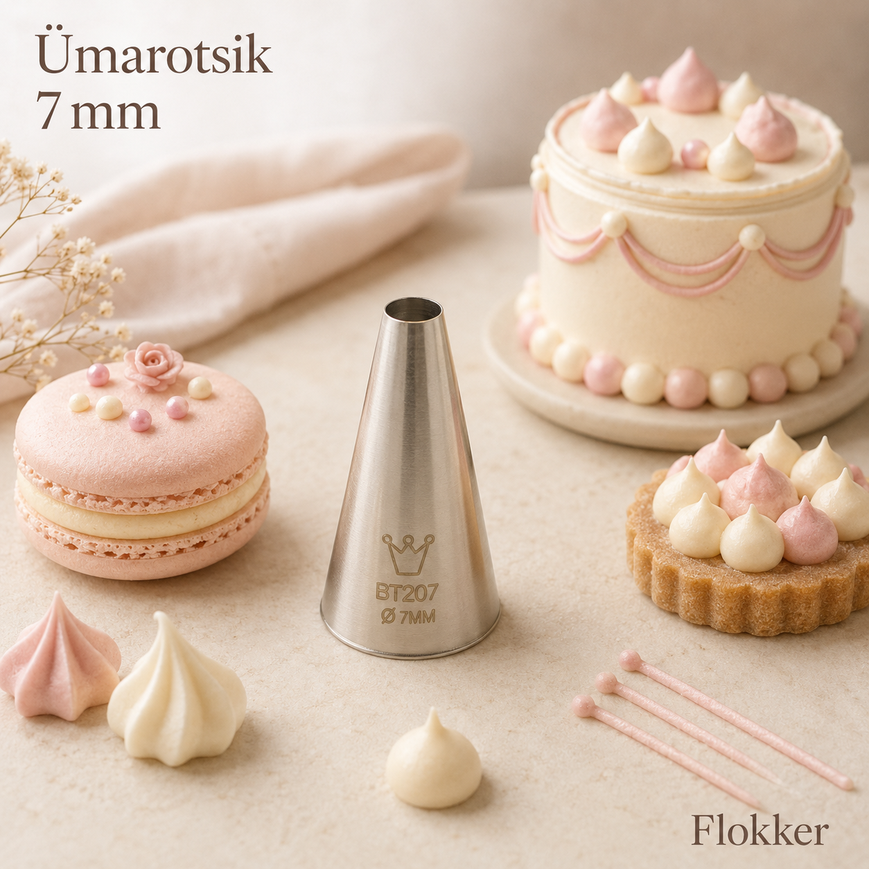 Ümarotsik 7 mm roostevabast terasest ja sellega pritsitud väikesed siledad kreemikaunistused