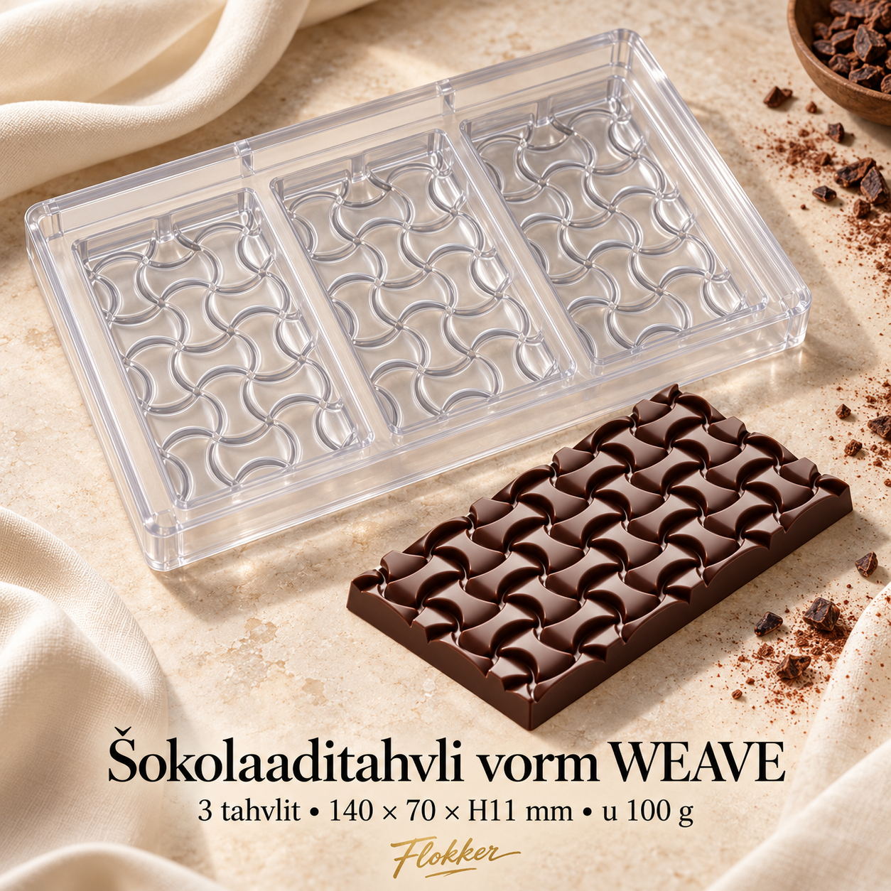 Läbipaistev kolme pesaga WEAVE šokolaaditahvli vorm ja reljeefne šokolaaditahvel 140 × 70 × H11 mm