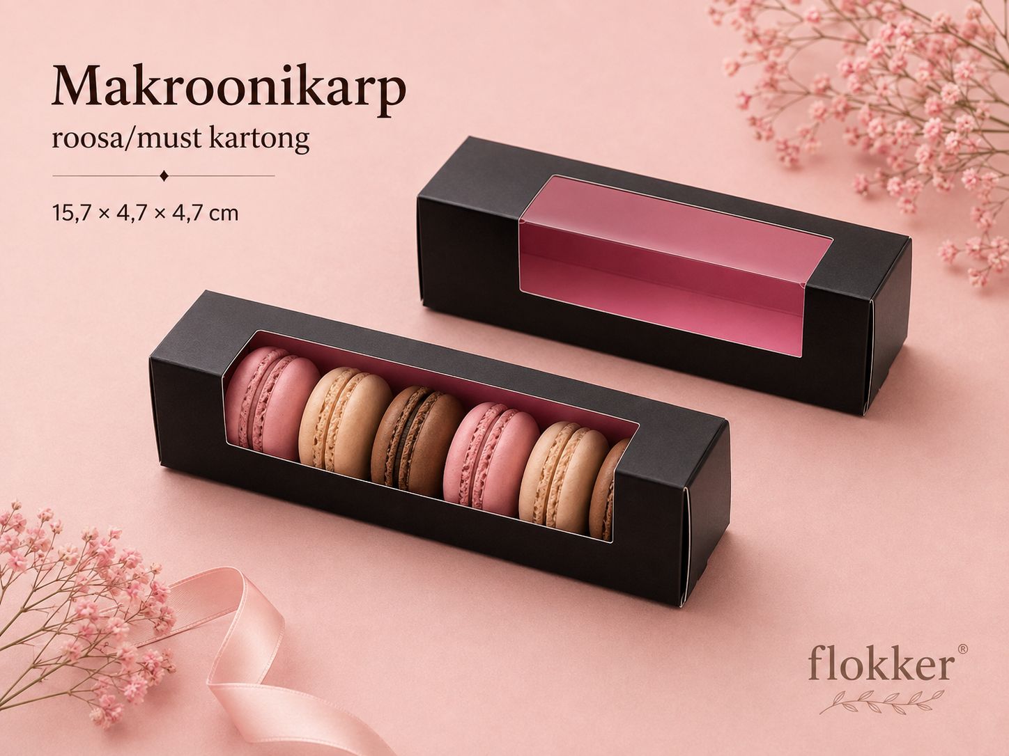 Must-roosa kartongist makroonikarp läbipaistva aknaga 157 × 47 × 47 mm