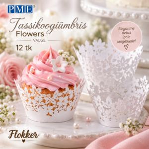 Valge pitsiline Flowers tassikoogiümbris lillemustriga muffini ja tassikoogi kaunistamiseks