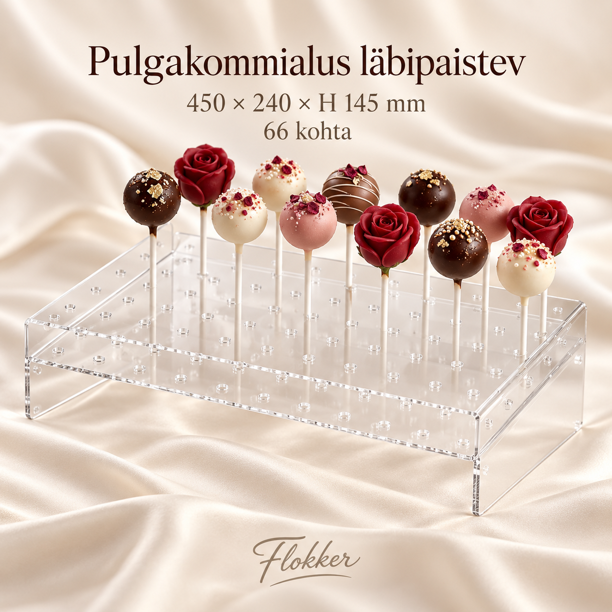 Läbipaistev pulgakommialus 450 × 240 × H 145 mm, 66 kohta
