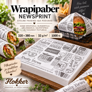 Valge NEWSPRINT wrapipaber 320 × 380 mm burgeri, wrapi ja takeaway-toidu pakendamiseks