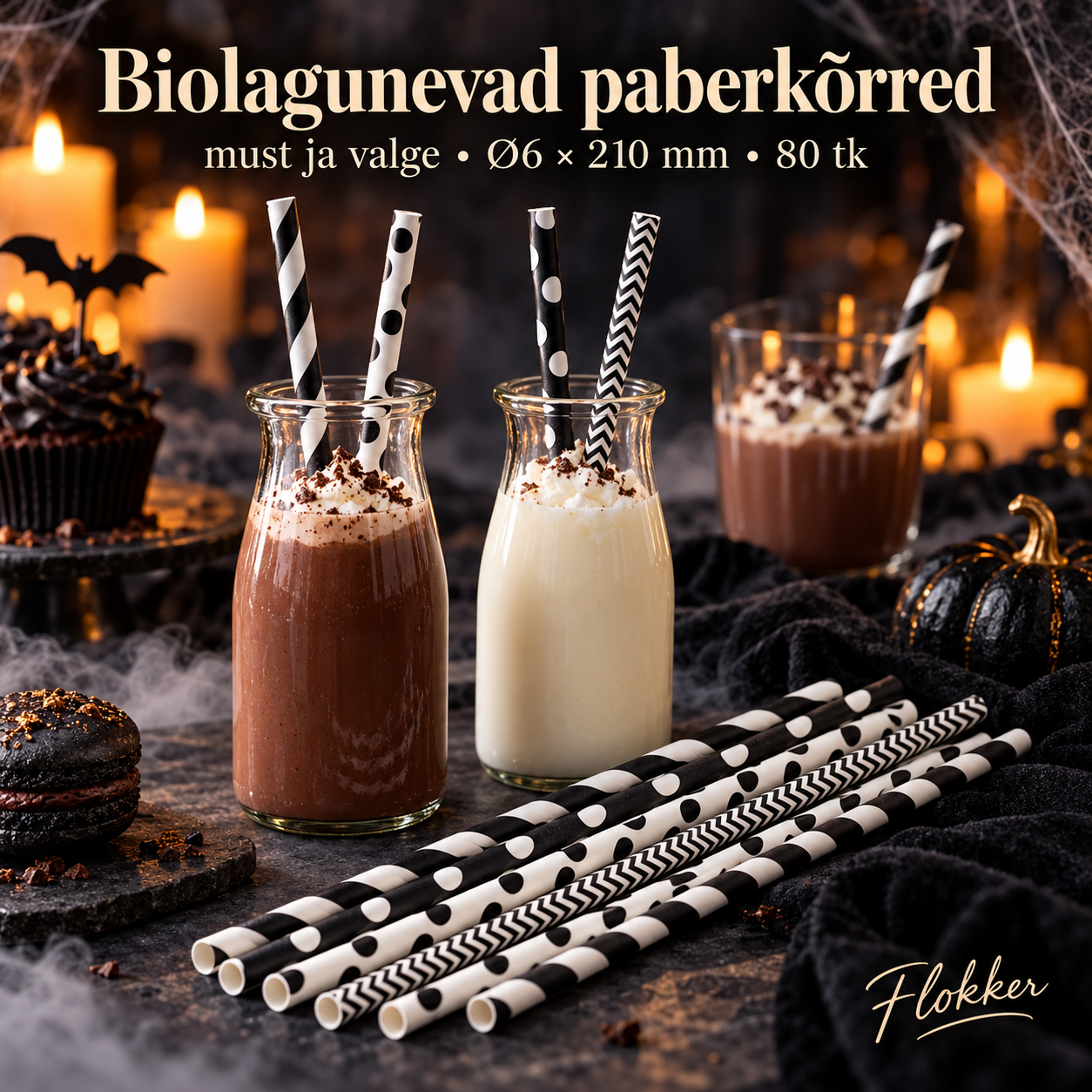 Mustvalged biolagunevad paberkõrred kakao- ja vanillijoogiga Halloweeni peolaual, Ø6 × 210 mm, 80 tk