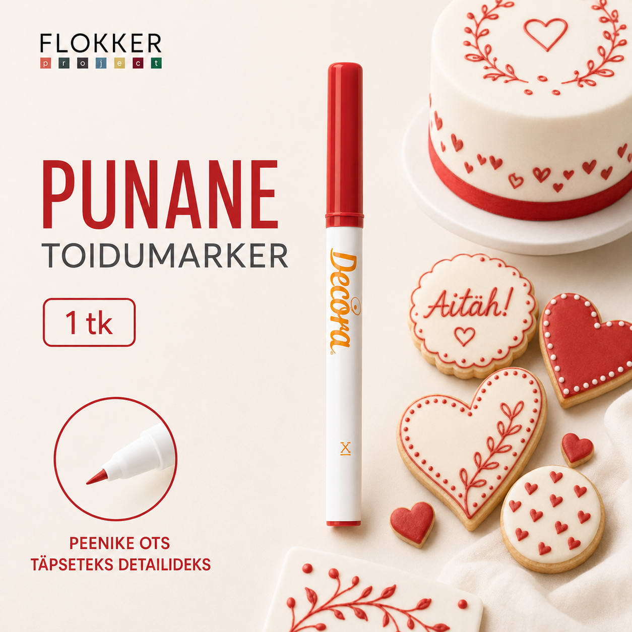Decora punane toidumarker peene otsaga suhkrumassile ja küpsistele joonistamiseks, 1 tk