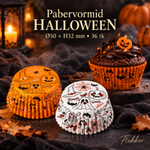 Oranžid ja valged Halloweeni pabervormid ning šokolaadimuffin, Ø50 × H32 mm, pakis 36 tk