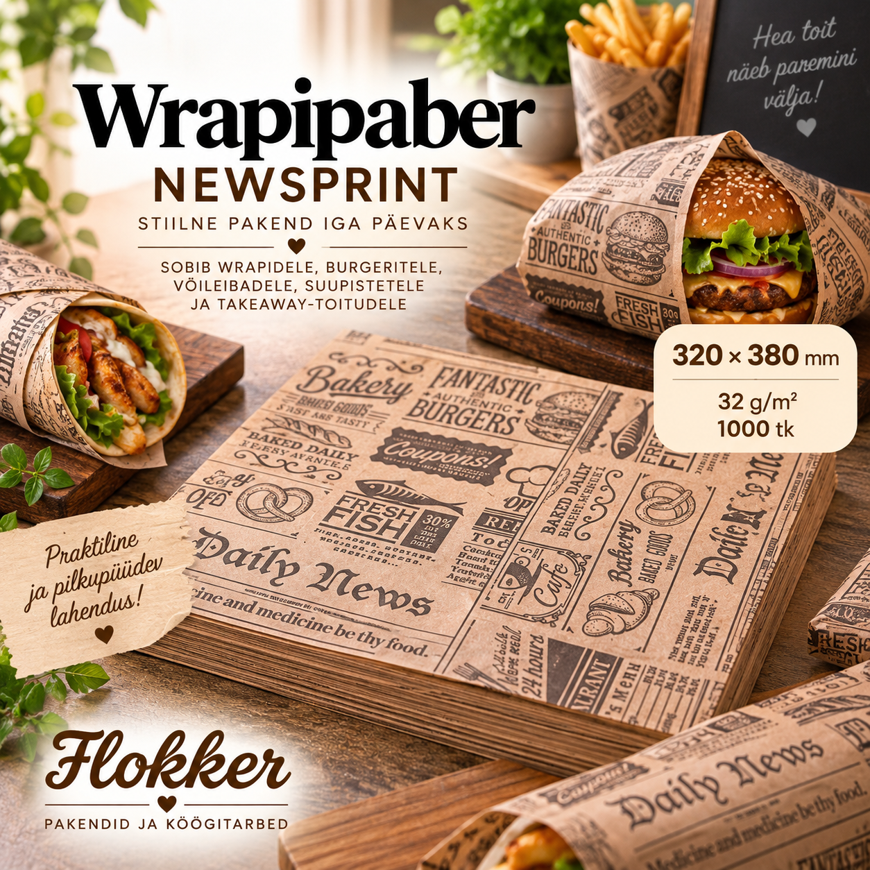 Pruun NEWSPRINT wrapipaber 320 × 380 mm burgeri, wrapi ja takeaway-toidu pakendamiseks
