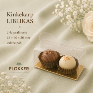 Läbipaistev LIBLIKAS-kinkekarp kahele pralineele kuldse põhjaga 65 × 40 × H 30 mm