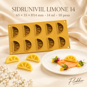Kollane silikoonvorm SIDRUNIVIIL LIMONE 14 kümne pesaga, 65 × 35 × H14 mm ja 14 ml