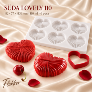 Valge silikoonvorm SÜDA LOVELY 110 kuue reljeefse pesaga ja punane südamekujuline lõikur, 82 × 77 × H31 mm