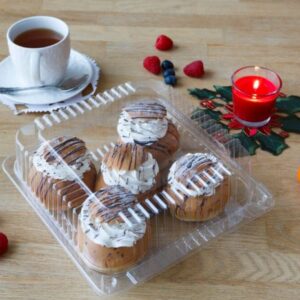 Suur läbipaistev koogikarp SL430 mõõduga 210×210×80 mm, sobib viiele vastlakuklile