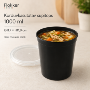 Kõrge must korduvkasutatav PP-supitops kana ja köögiviljasupiga, maht 1000 ml