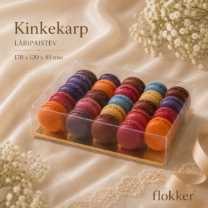 Läbipaistev kinkekarp makroonidele kuldse põhjaga 170 × 120 × 45 mm