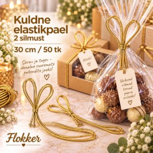Jõulisema struktuuriga kuldne elastikpael 2 silmusega 30 cm kinkepakendi kaunistamiseks