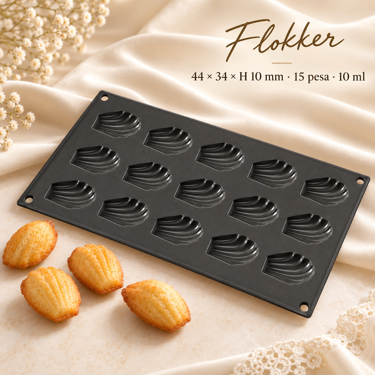 Must silikoonvorm SF031 MADELEINE 15 teokarbikujulise pesaga, 44 × 34 × H10 mm