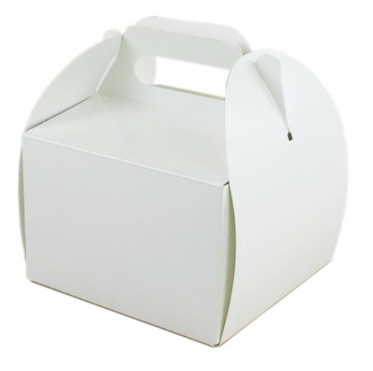 Valge kartongist sangadega koogikarp mõõduga 18×18×12 cm